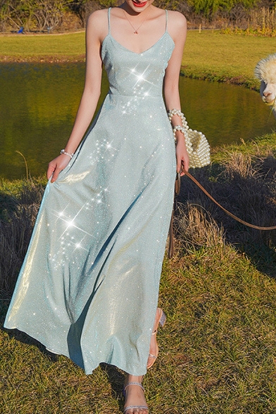 Fashionable Women's A-Line Dress Sequined Glitter Detail Criss Cross Scoop Neck Sleeveless Long A-Line Dress