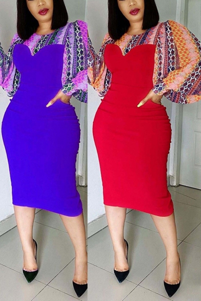 Ladies African Dress Snake Print Patched Blouson Sleeve Crew Neck Mid Tight Dress