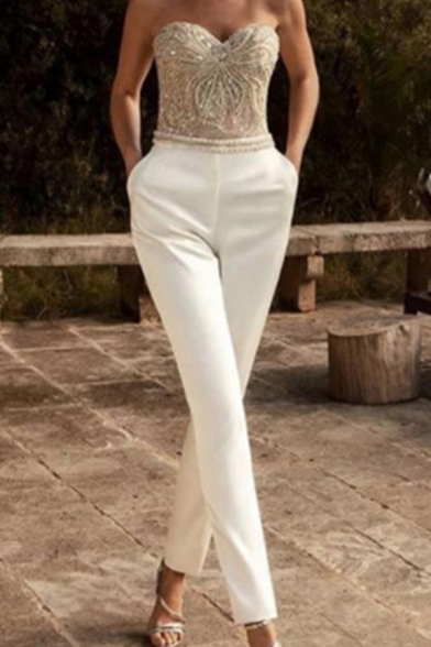 Ladies Amazing Jumpsuit Patchwork Strapless Sequins Decoration Ankle Straight Jumpsuit in White