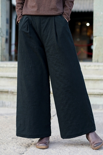 Ladies Basic Pants Solid Color Mid Waist Frog Button Long Length Wide-leg Pants