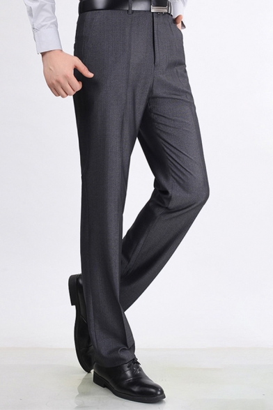 Leisure Men's Pants Solid Color High Waist Side Pocket Zip Fly Long Straight Pants