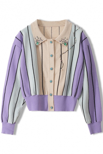 Popular Womens Cardigan Purple Stripe Print Beading Long Sleeve Spread Collar Button Up Regular Cardigan