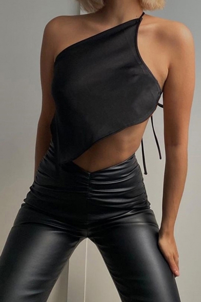 Pretty Womens Cami Black Halter Oblique Shoulder Tied Asymmetric Hem Fitted Crop Cami