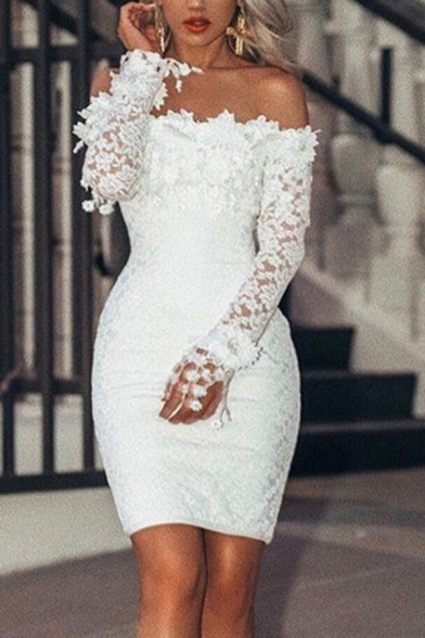 Pretty Womens Dress Plain Applique Off the Shoulder Short Tight Dress in White