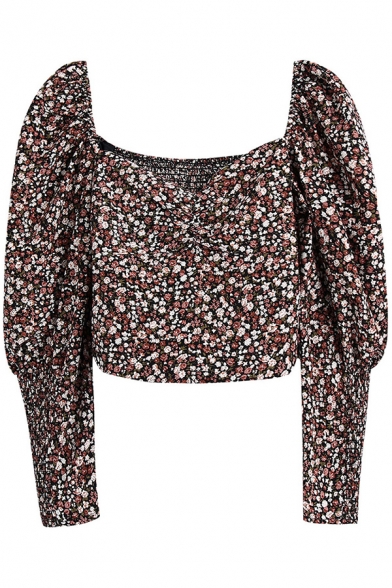 Pretty Womens Shirt Ditsy Floral Print Long Sleeve Sweetheart Neck Ruched Fit Crop Shirt in Brown