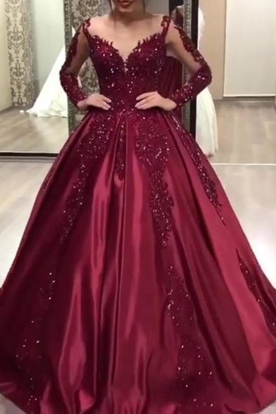 Red Amazing Dress Applique Floral Sheer Mesh Long Sleeve Sweetheart Neck Maxi Swing Gown for Ladies