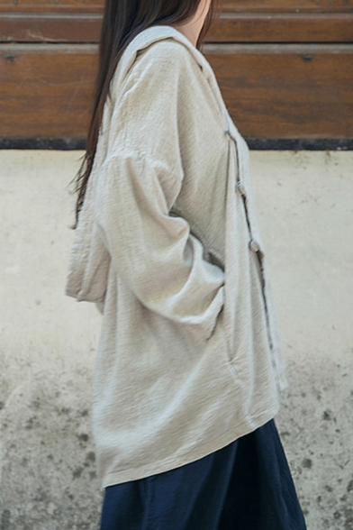 Retro Coat Linen Solid Color Long Sleeve Oblique Button Up Hooded Relaxed Fit Coat in Beige