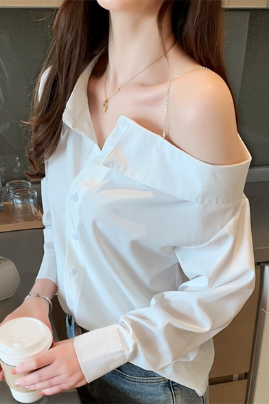 Sexy Off The Shoulder Long Sleeve Buttons Down Plain Shirt