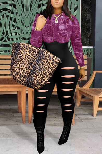 Sexy Womens Jumpsuit Leopard Geometric Print Long Sleeve Crew Neck Cut Out Ankle Skinny Jumpsuit