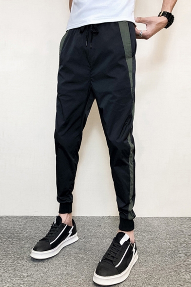 Stylish Men's Pants Contrast Panel Drawstring Waist Banded Cuffs Ankle Length Pants