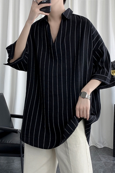 Stylish Mens Shirt Pinstripes Printed Dropped Shoulders Pullover 3/4 Sleeve Turn down Collar Relaxed Fitted Shirt