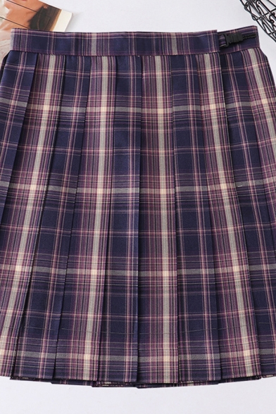 Stylish Women's Skirt Plaid Print High Waist Pleated Detail Invisible Zip Mini Skirt