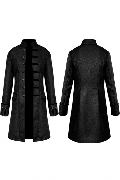 Trendy Coat Jacquard Button down Pockets Tunic Slim Fitted Stand Collar Long Sleeve Coat for Men