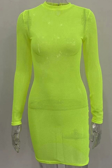 Trendy Dress See-through Mesh Long Sleeve Crew Neck Plain Mini Sheath Dress for Women