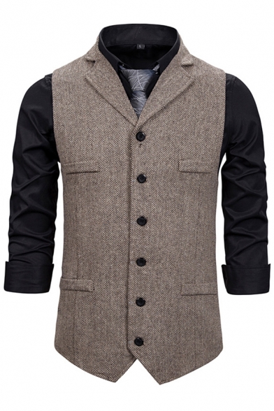 Trendy Men's Blazer Vest Heathered Button Closure Notched Lapel Collar Sleeveless Regular Fitted Blazer Vest