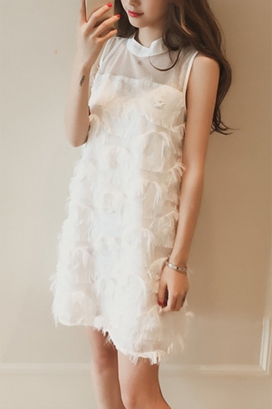 Women's Fancy Feather Tassel Round Neck Sleeveless White Mini Chiffon Tank Dress