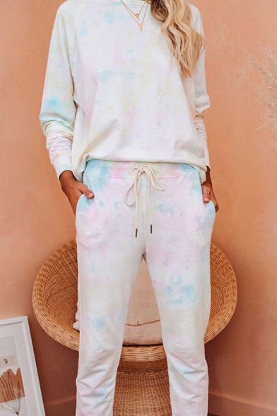 Womens Casual Set Tie Dye Print Long Sleeve Crew Neck Relaxed Pullover Sweater & Sweatpants Co-ords