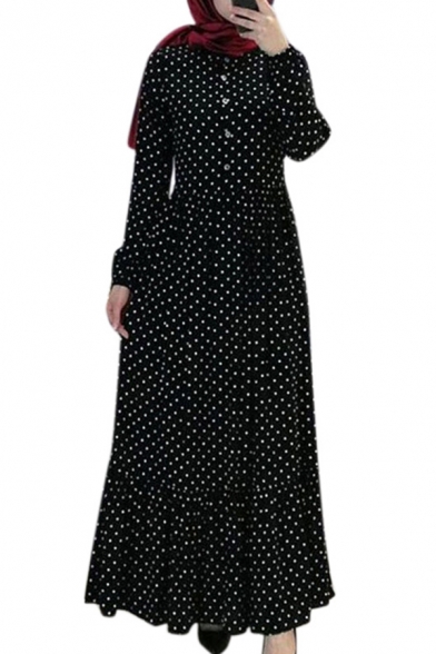 Womens Dress National Style Polka Dot Pattern Ruffle Hem Single Breasted Round Neck Slim Long Sleeve Maxi A-Line Swing Dress