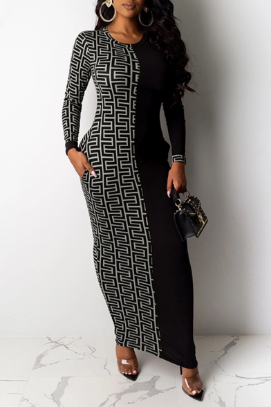 Womens Dress Trendy Meander Print Two Tone Long Sleeve Ankle Length Crew Neck Bodycon Dress
