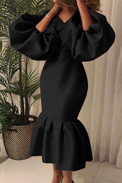 Womens Elegant Dress Solid Color Blouson Sleeve V-neck Ruffled Hem Mid Fishtail Dress for Dinner
