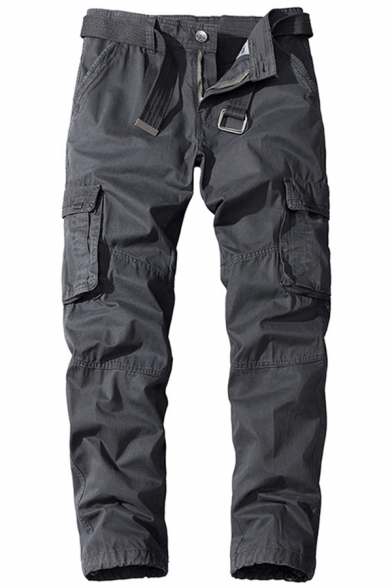 Basic Pants Mens Solid Color Purified Cotton Flap Pockets Side Zipper Fly Full Length Straight Cargo Pants