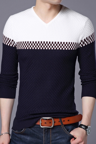 Classic Mens Sweater Contrast Checkered Pattern Slim Fitted V Neck Long Sleeve Sweater