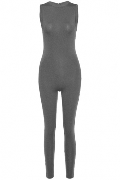 Edgy Looks Womens Jumpsuit Sleeveless Crew Neck Plain Ankle Length Skinny Jumpsuit