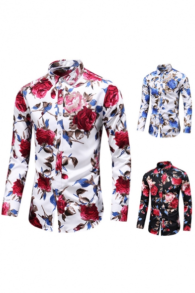 Elegant Men's Shirt Floral Pattern Button Fly Point Collar Long Sleeve Regular Fitted Shirt