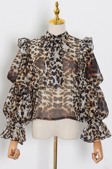 Fancy Girls Shirt Leopard Printed Lantern Sleeve Bow-tied Neck Sheer Mesh Relaxed Fit Shirt Top