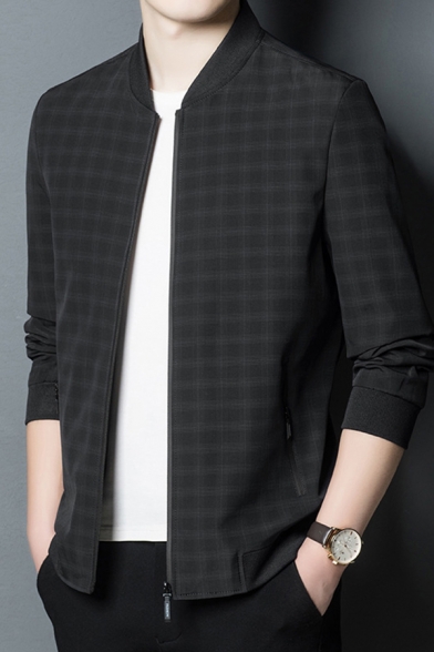Fancy Men's Casual Jacket Tartan Pattern Zip Placket Stand Collar Long Sleeve Regular Fitted Casual Jacket