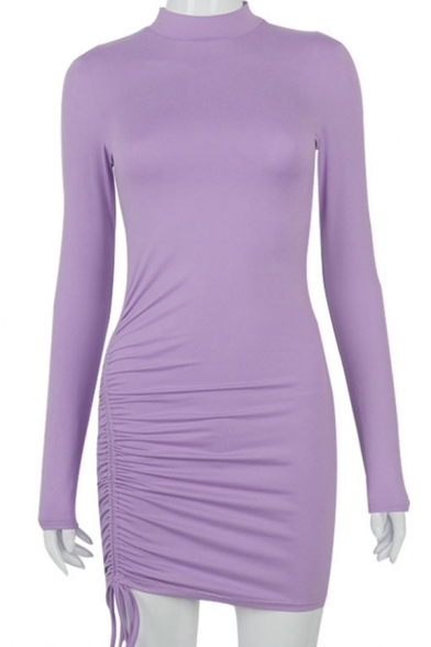 Fancy Women's Bodycon Dress Solid Color Mock Neck Ruched Front Long Sleeve Mini Bodycon Dress