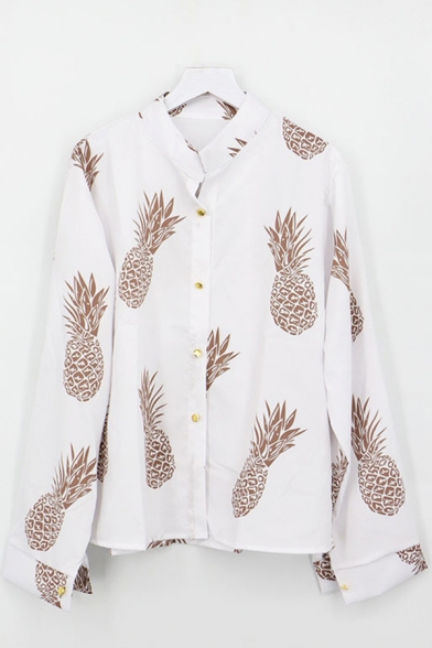 Fancy Women's Shirt Blouse Pineapple Pattern Button Fly Stand Collar Long Sleeve Regular Fitted Shirt Blouse