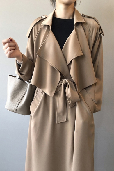 Fashion Womens Trench Coat Long Sleeve Shawl Collar Longline Plain Loose Fit Trench Coat