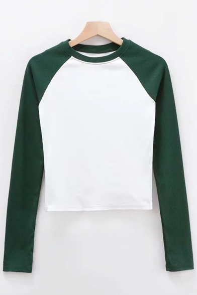 Fashionable Color Block Round Neck Long Sleeves Autumn Cropped Tee
