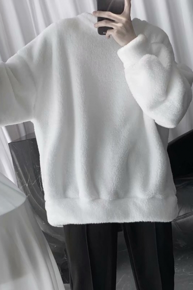 Fashionable Men's Sweatshirt Lamb Wool Solid Color Round Neck Long Sleeve Loose Fitted Sweatshirt