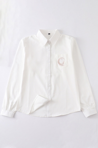 Leisure Women's Shirt Blouse Moon Star Embroidered Chest Pocket Button Closure Point Collar Long Sleeve Regular Fitted Shirt Blouse