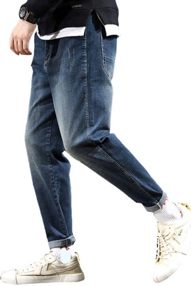 Popular Mens Jeans Plain Bleach Mid Waist Ankle Length Relaxed Fit Jeans