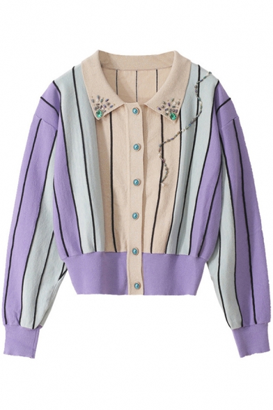 Popular Womens Cardigan Purple Stripe Print Beading Long Sleeve Spread Collar Button Up Regular Cardigan