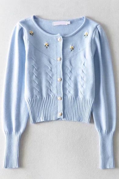 Pretty Girls Cardigan Floral Embroidery Long Sleeve Pearl Button Slim Fit Cardigan