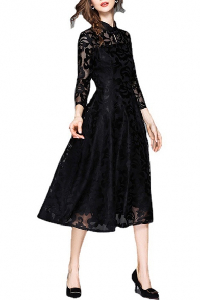 Retro Womens Dress Semi-Sheer Floral Pattern Long Sleeve Mandarin Collar Mid A-line Dress