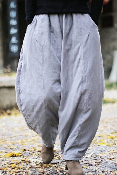 Street Ladies Pants Linen and Cotton Mid Rise Solid Color Ankle Oversize Pants