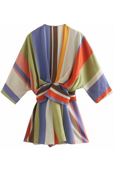Stylish Girls Dress Stripe Print 3/4 Sleeve Surplice Neck Bow Tied Waist Short Wrap Dress in Blue-white