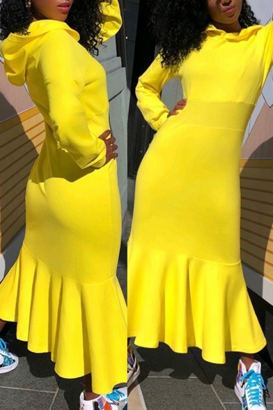 Stylish Women's Hoodie Dress Solid Color Long Sleeve Ruffle Detail Maxi Hoodie Dress