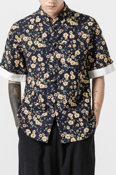 Trendy Men's Shirt Tribal Pattern Frog Button Mandarin Collar Contrast Trim Short Sleeve Regular Fitted Shirt