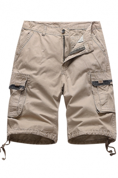 Trendy Men's Shorts Plain Flap Pocket Zip Fly Slant Pocket Drawstring Cuffs Knee Length Shorts