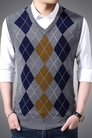 Vintage Mens Sweater Vest Argyle Jacquard Sleeveless Slim Fit V Neck Sweater Vest