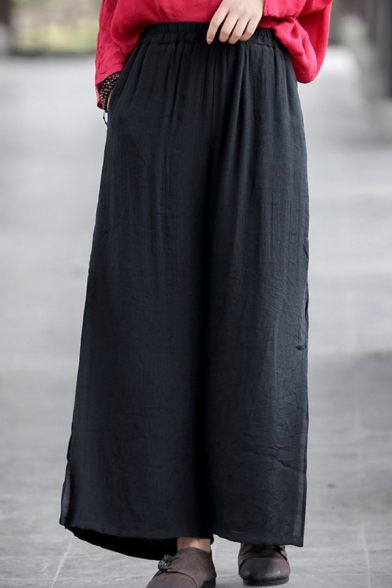 Womens Casual Pants Plain Linen and Cotton Elastic Waist Long Length Wide-leg Pants