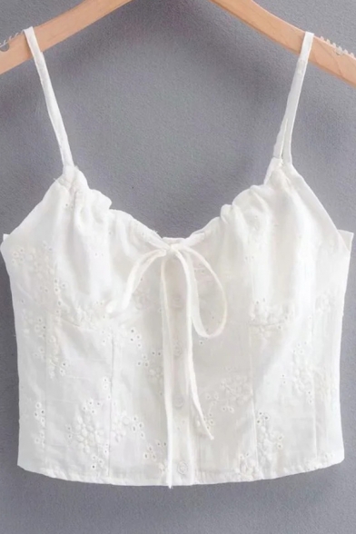 Womens Cute Cami White Spaghetti Straps Tied Front Slim Fit Cropped Cami Top