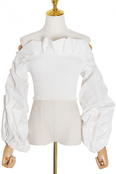 Womens Designer Plain Shirt Ruched Blouson Sleeve Off the Shoulder Ruffled Pintuck Fit Crop Shirt Top