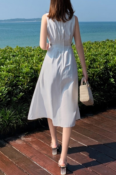Womens Dress Creative Solid Color Waist-Control Midi Sleeveless Crew Neck A-Line Dress in White
